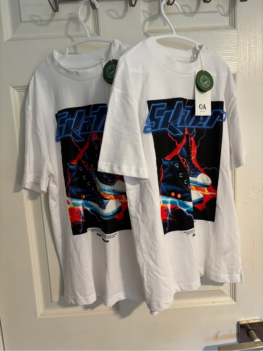 C&A Set of TWO matching Kids White Graphic Skate Tee - SIZES 10 & 11